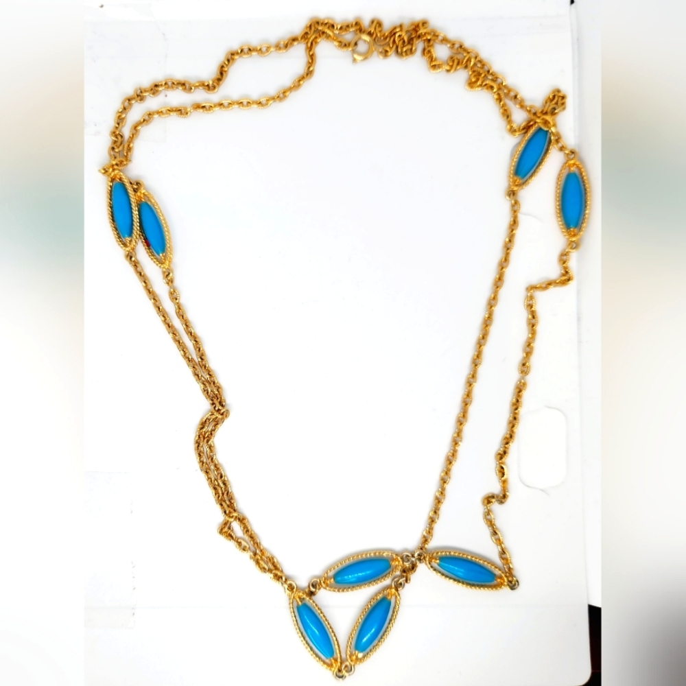 Vintage Turquoise Color Flapper Necklace Gold Tone Long Chain Layering Dainty